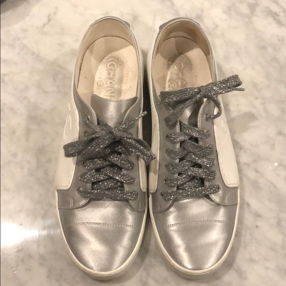 Chanel Silver White Logo Sneakers 39